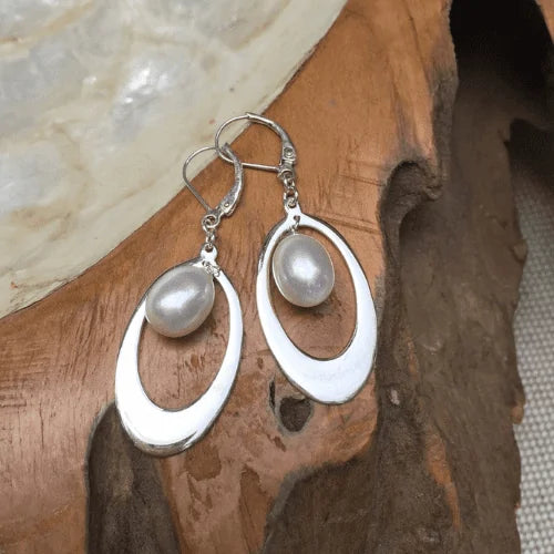 Sterling Silver Oval Loop with Oval Pearl Earrings
