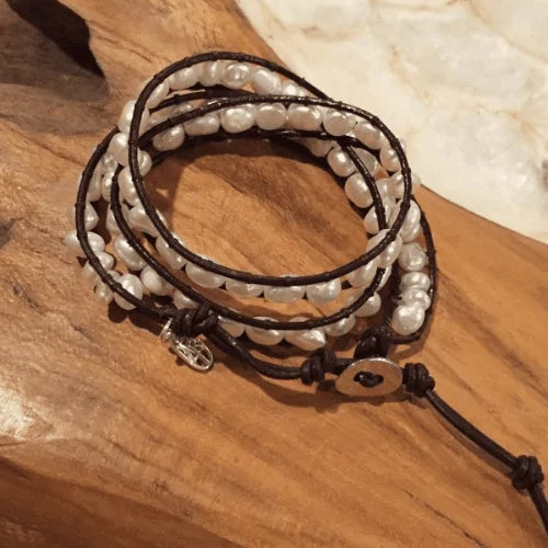 Leather and Pearl Wrap Bracelet