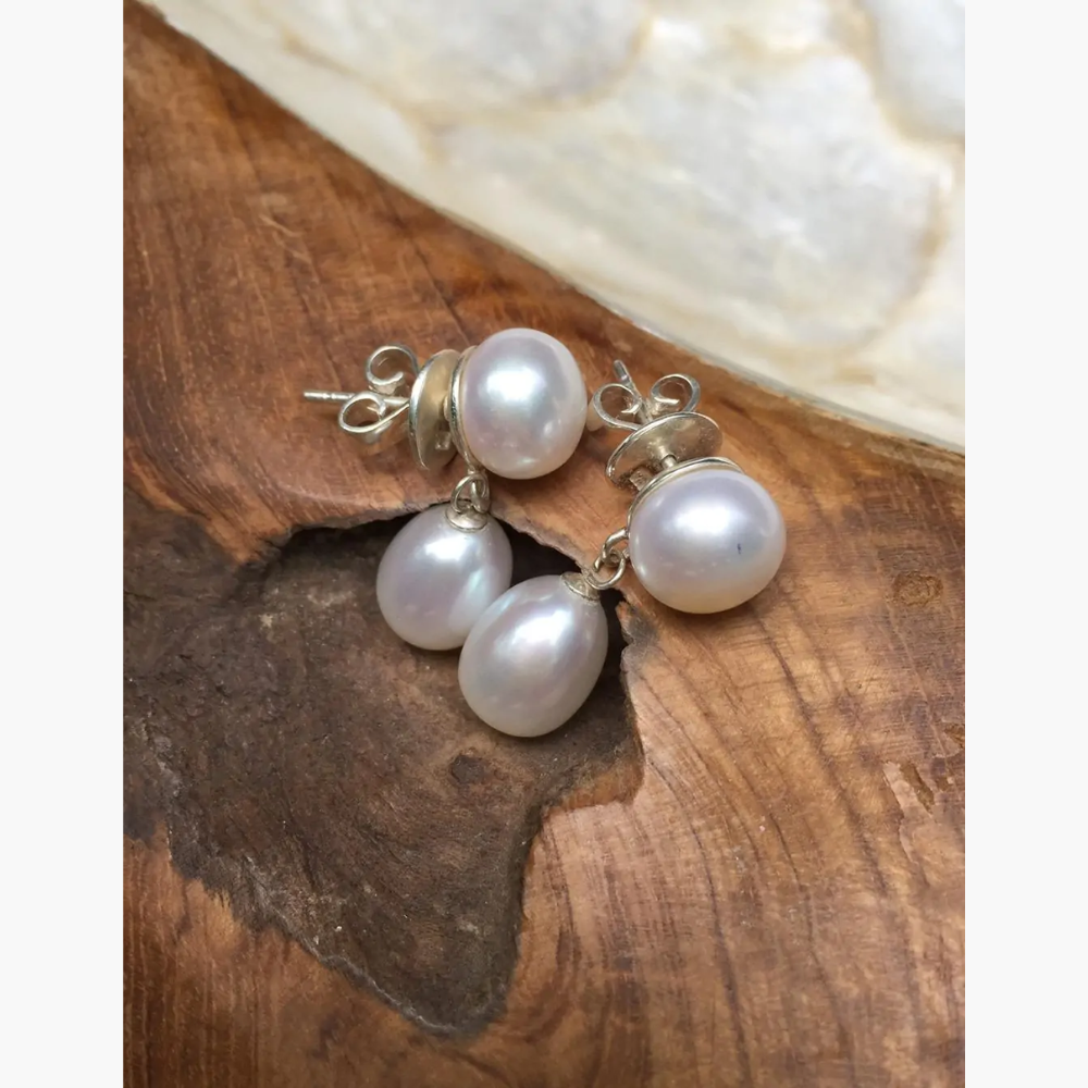 Pearl Studs with Oval Pearl Drop – White